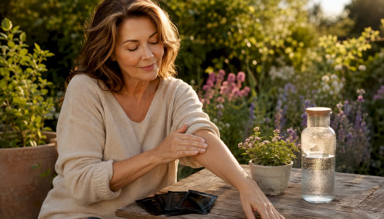 Hands massaging skin near collagen supplement