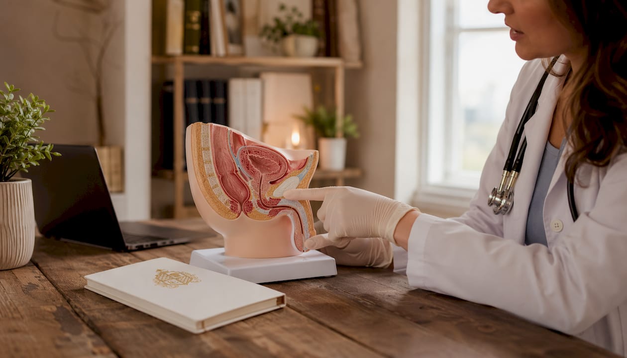 Doctor explaining hormonal effects on urinary tract anatomy