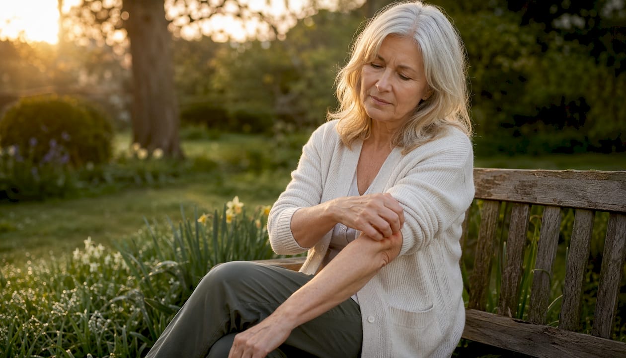 Mature woman outdoors scratching skin