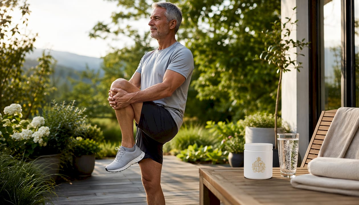 Man stretching knees near bovine collagen supplement