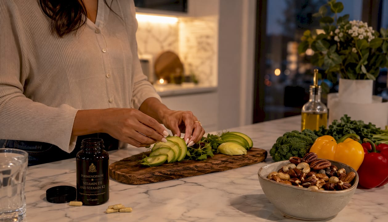 Hands preparing healthy meal with vitamin D3 supplements