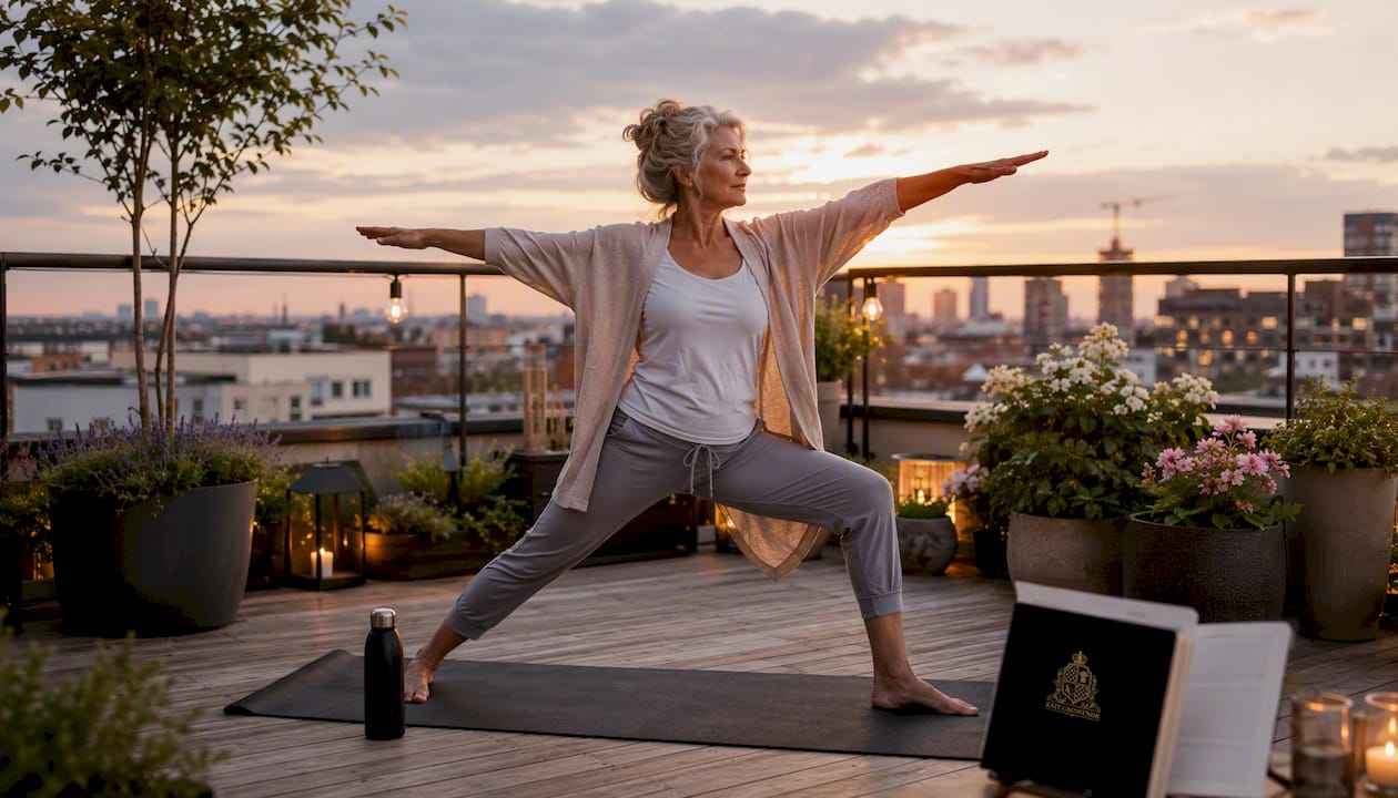 Woman doing yoga on balcony at sunrise