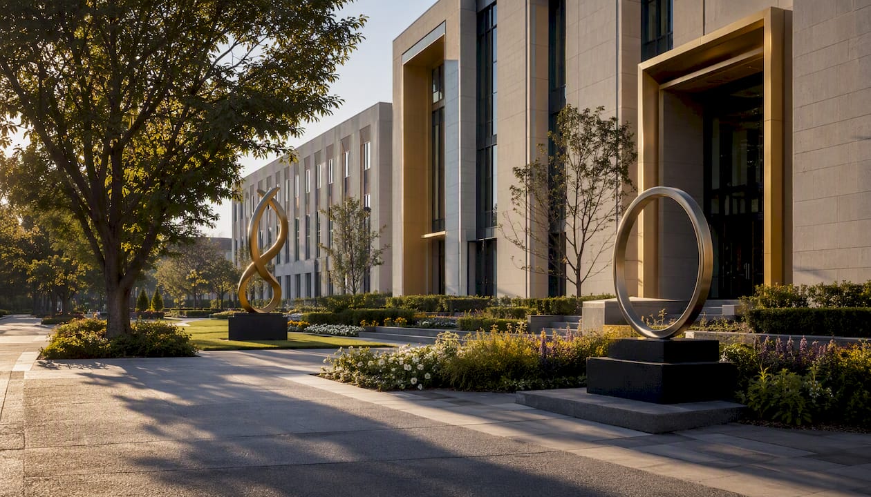 Modern university campus green space with sculptures