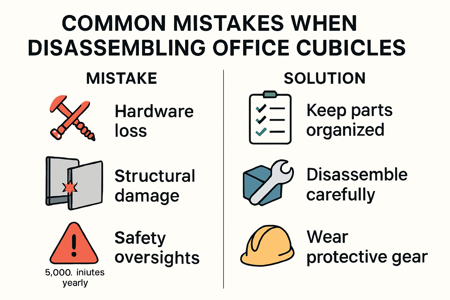 Infographic of cubicle disassembly mistakes and solutions
