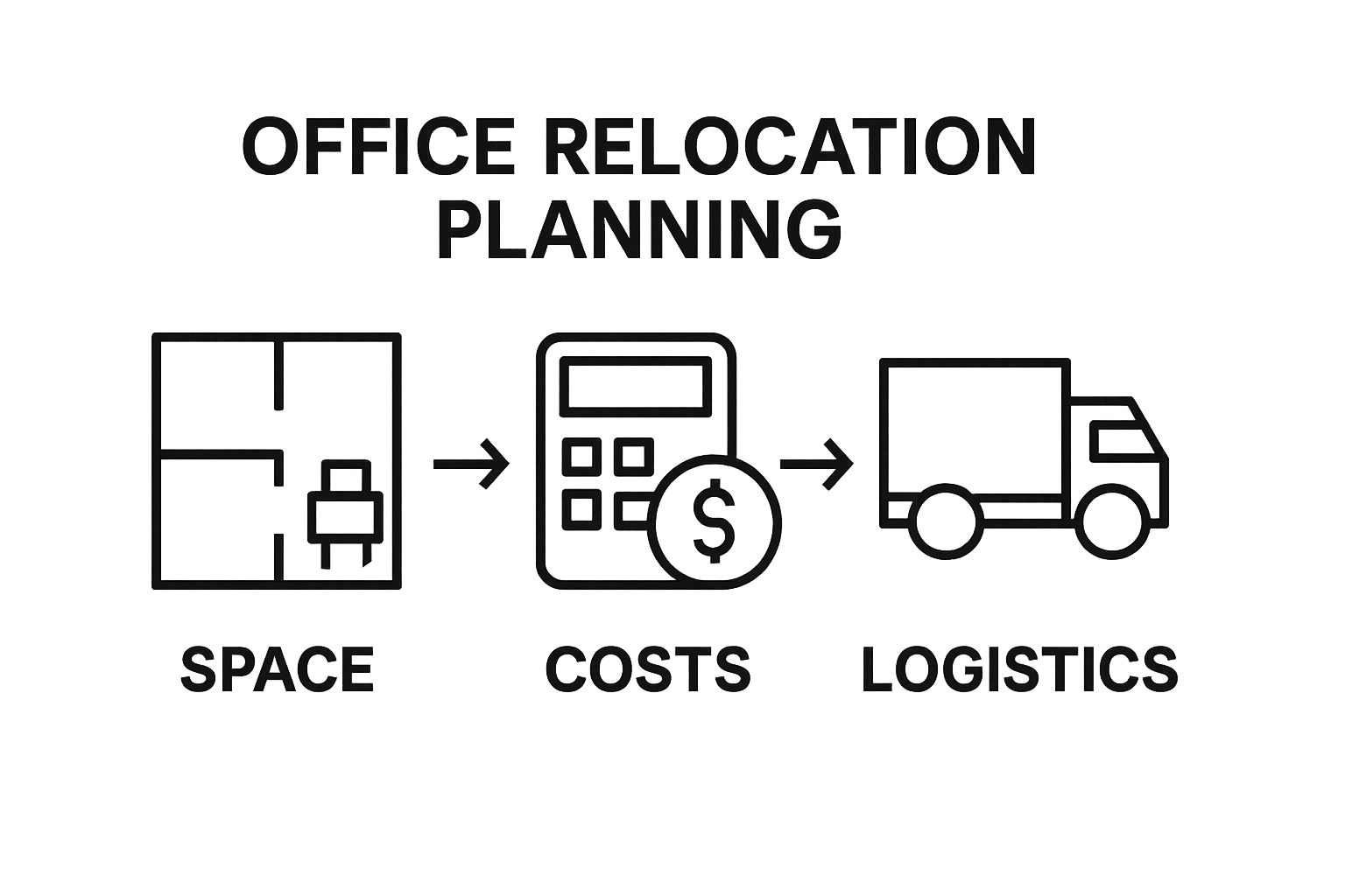 Infographic showing space, costs, and logistics as pillars of office relocation planning