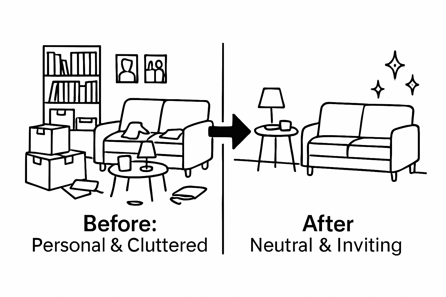 Decluttering before and after living room, simplified graphic