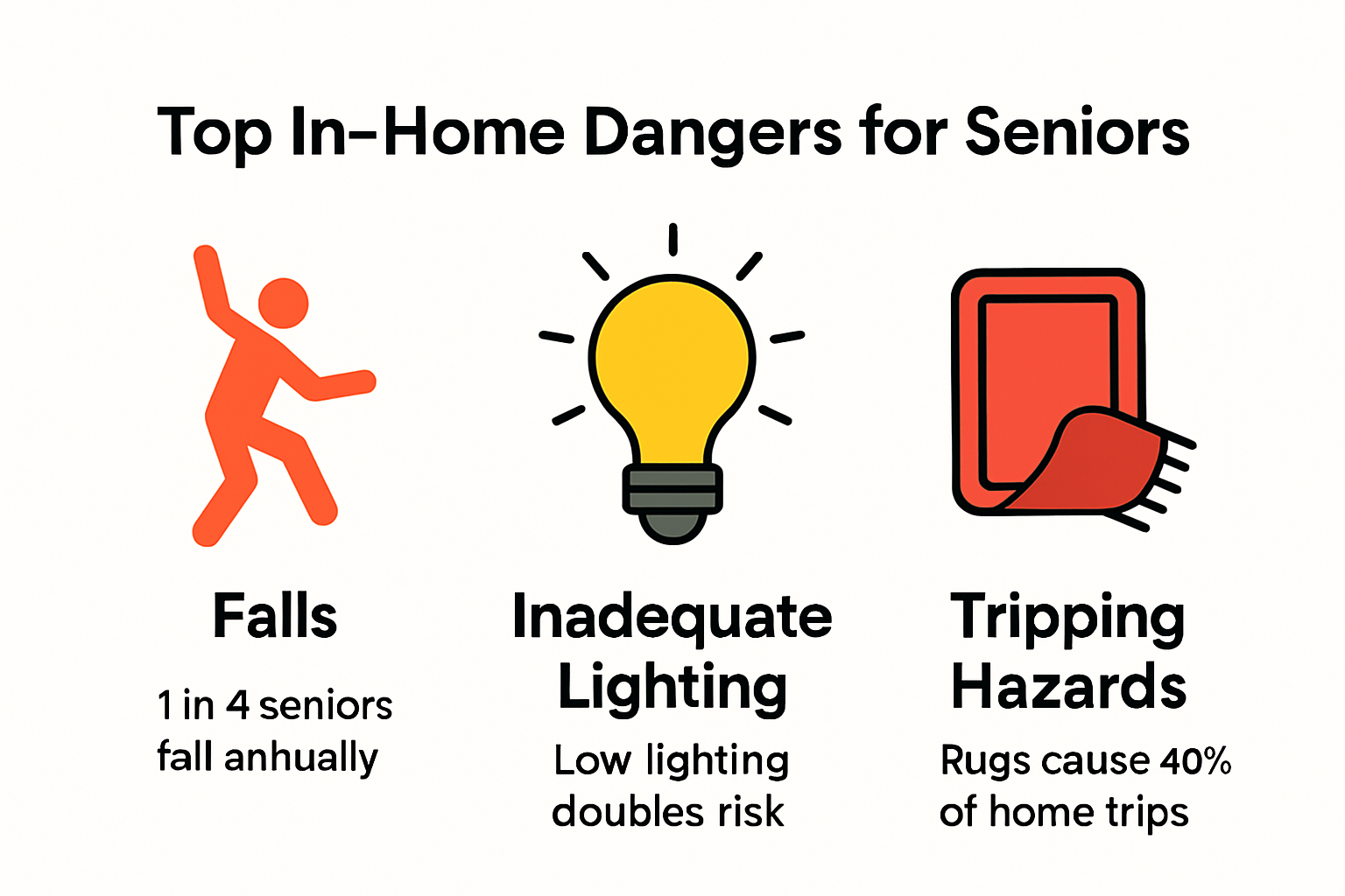 Infographic showing top three senior home risks: falls, lighting, rugs.