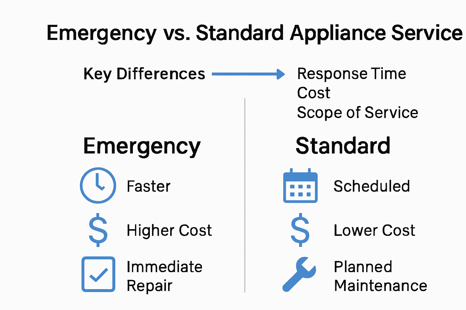 Infographic comparing emergency and standard appliance service key differences.