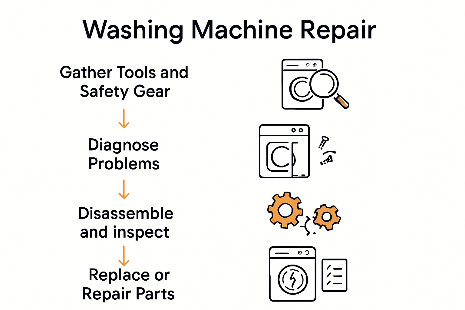 Infographic showing 5-step washing machine repair process with icons.