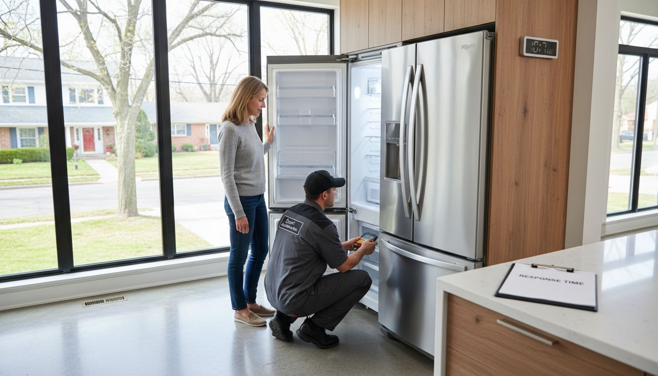 Technician repairing fridge with response time focus