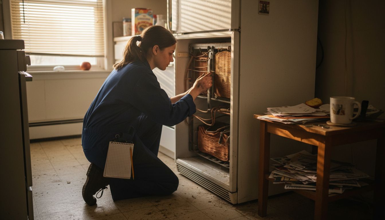 Technician inspecting refrigerator coils