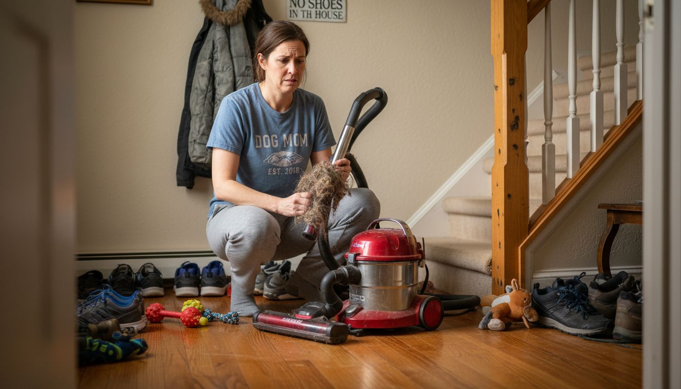 Woman checking vacuum problem in hallway