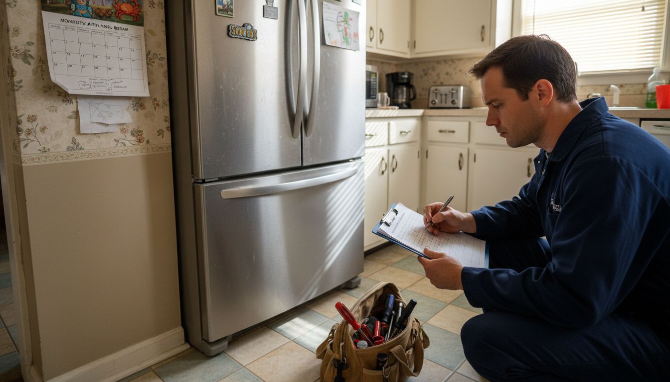 Technician inspecting refrigerator for coverage checks