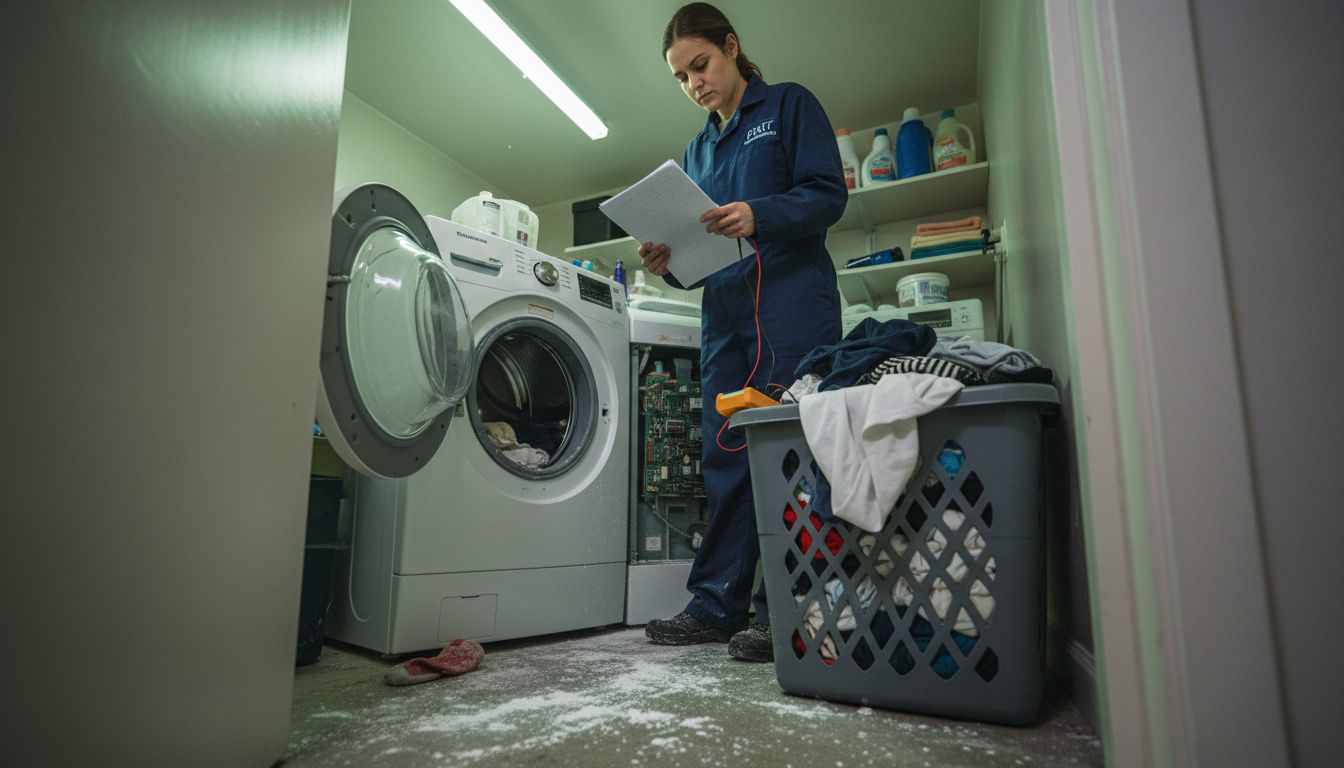 Technician diagnosing washing machine in laundry room