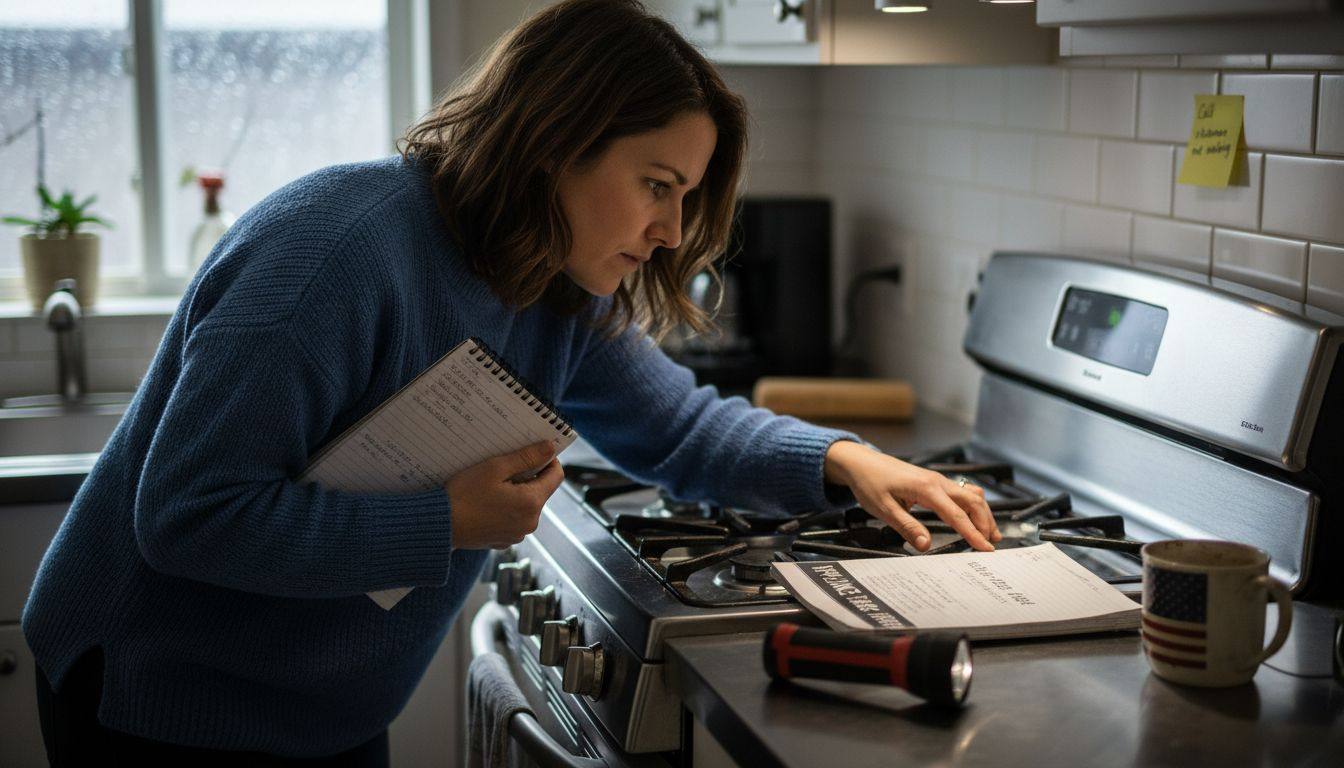 Woman inspecting stove for kitchen faults