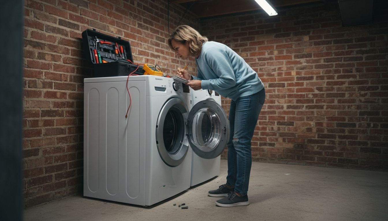 Woman diagnosing washing machine issue in laundry room