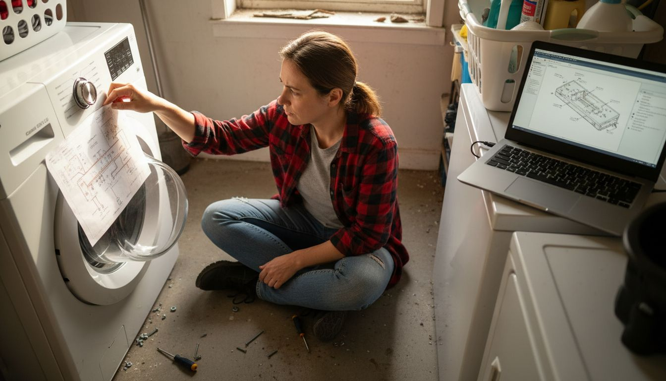 Technician reviews appliance repair diagram