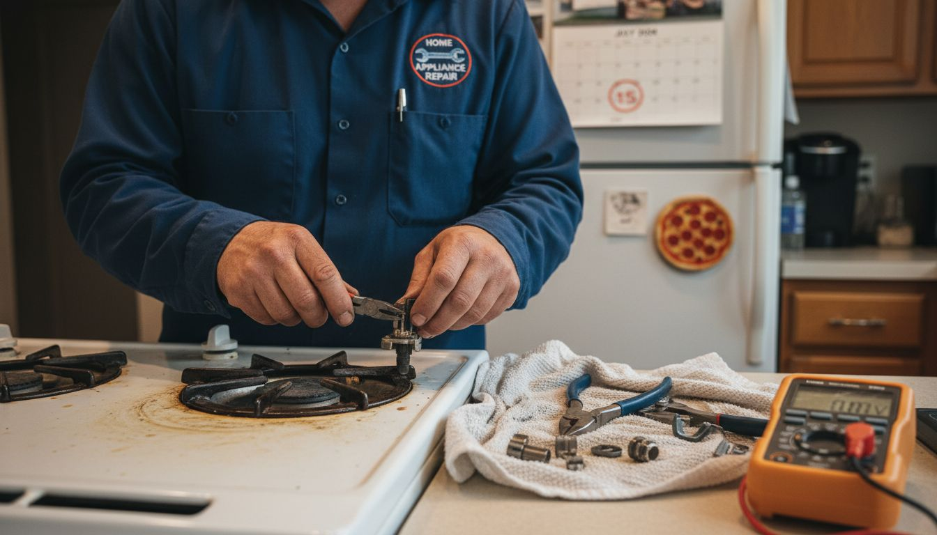 Technician repairing gas stove ignition switch