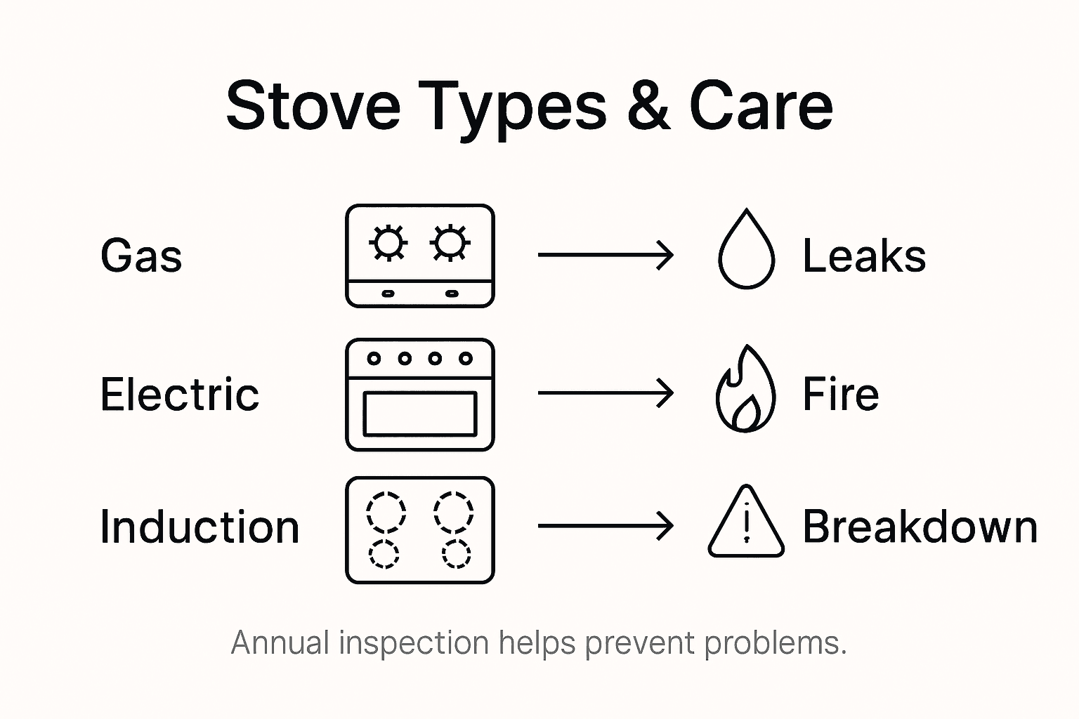 Infographic covering stove types, maintenance, risks