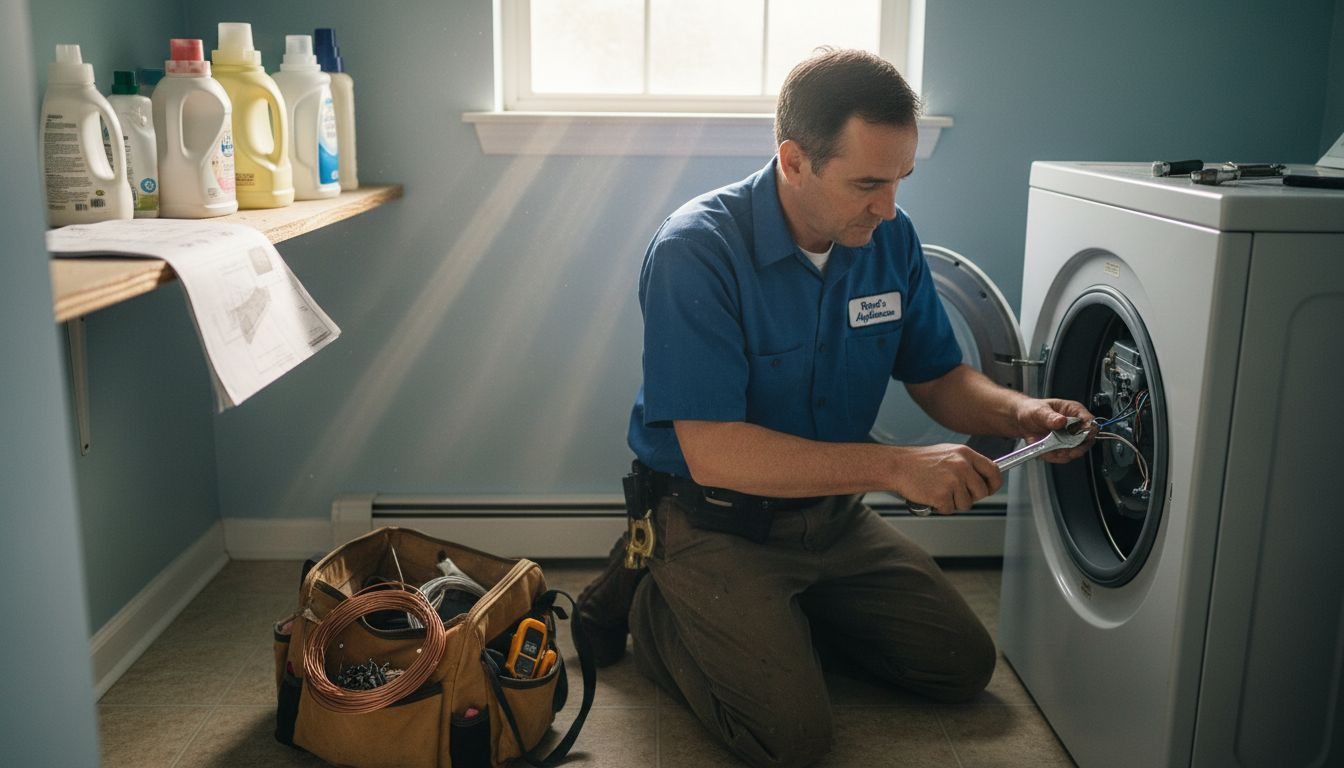 Repair technician fixing washing machine
