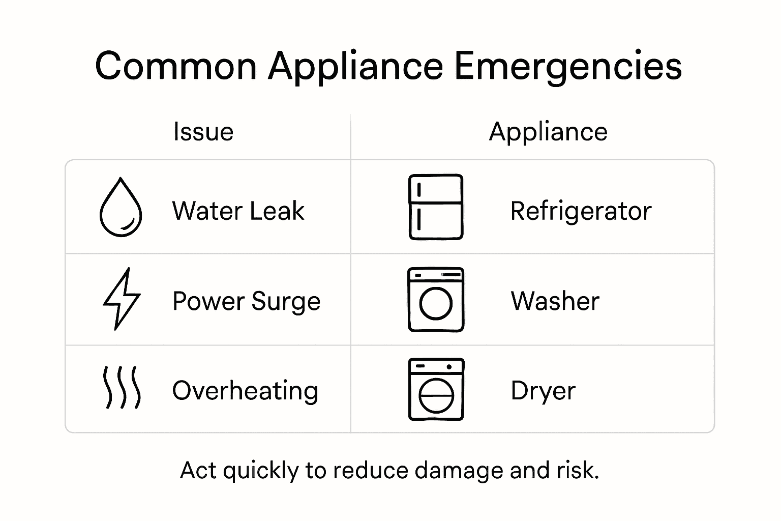 Infographic outlining common home appliance emergencies
