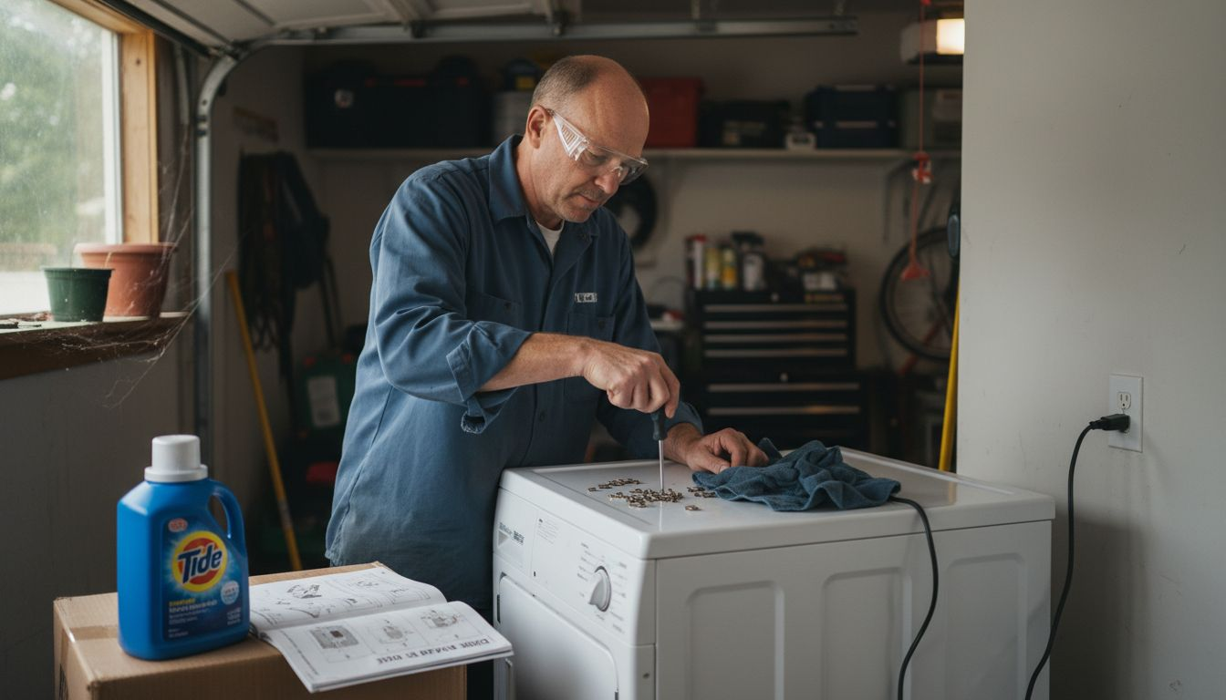 Man disassembling dryer with safety precautions