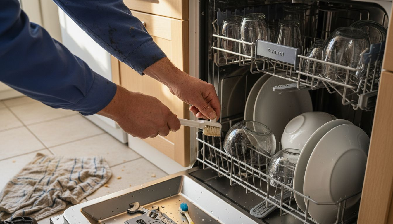 Hand fixing clogged dishwasher spray arm