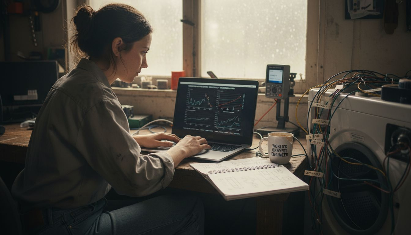 Technician monitoring washer sensor data on laptop