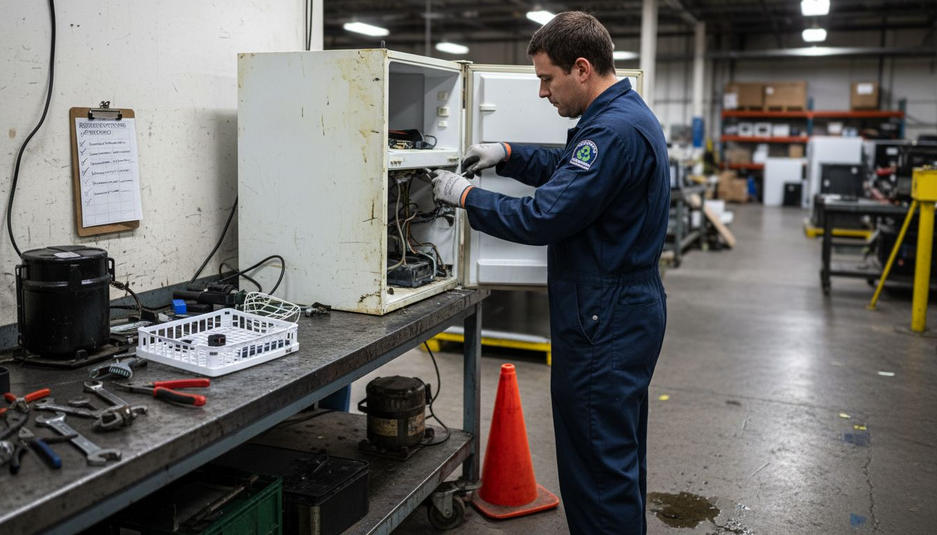 Technician dismantling old refrigerator for recycling
