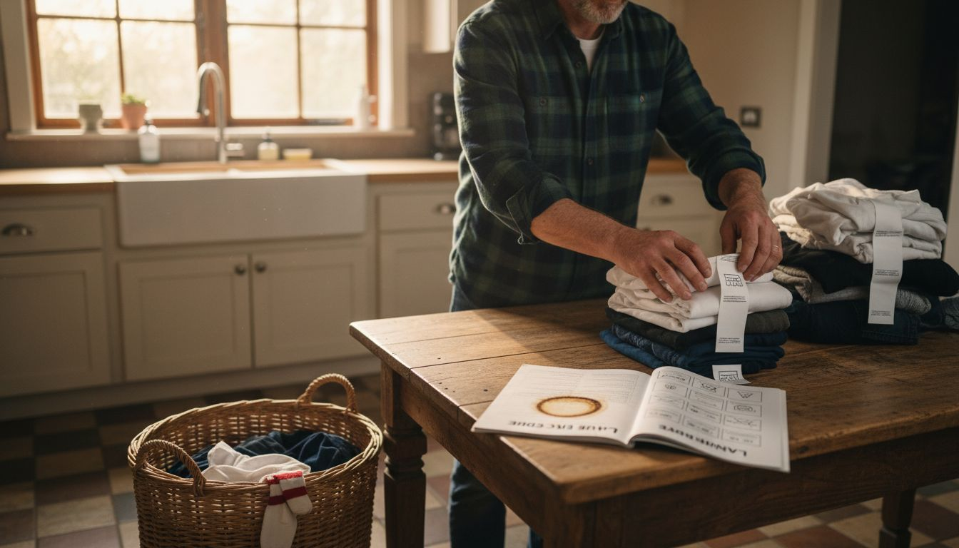 Man sorting laundry by fabric types