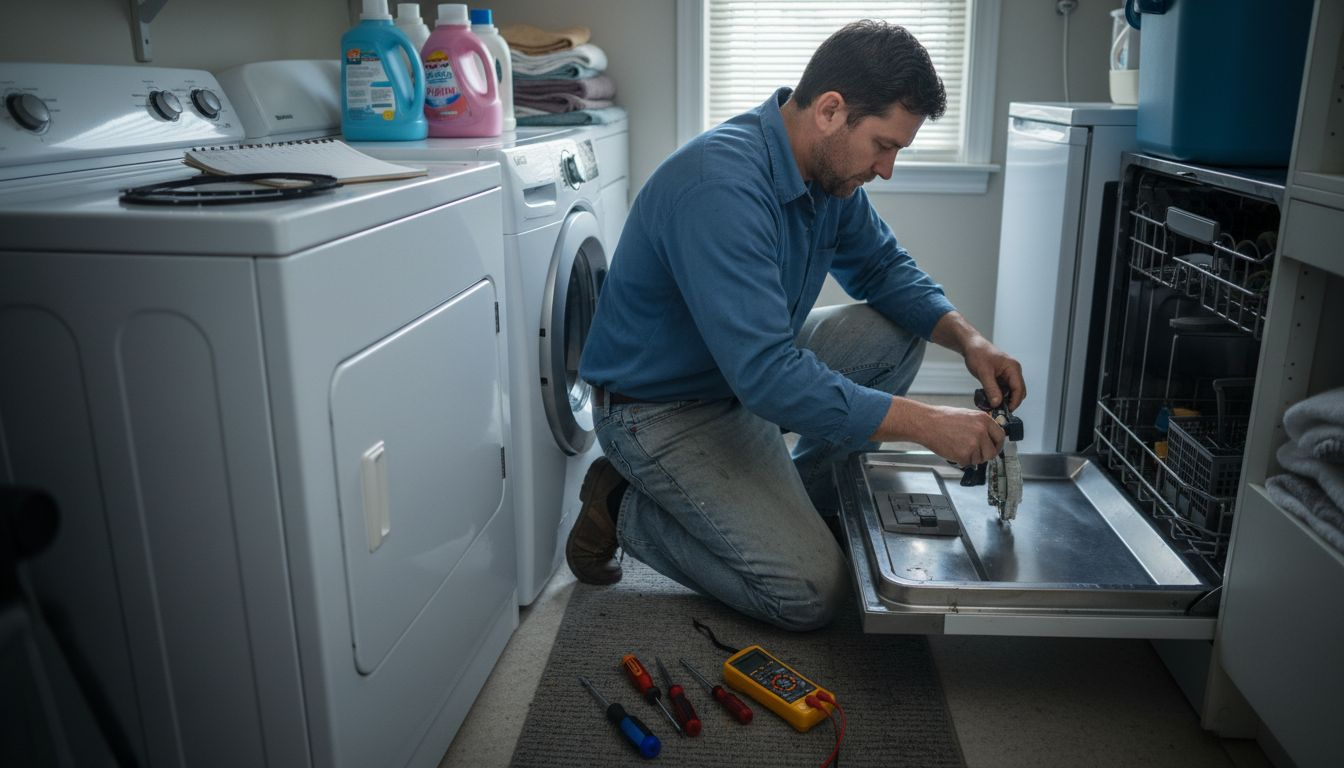 Technician repairing dishwasher in laundry room
