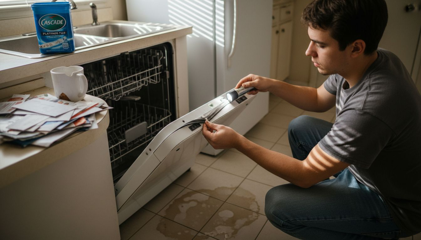 Person inspecting dishwasher door gasket