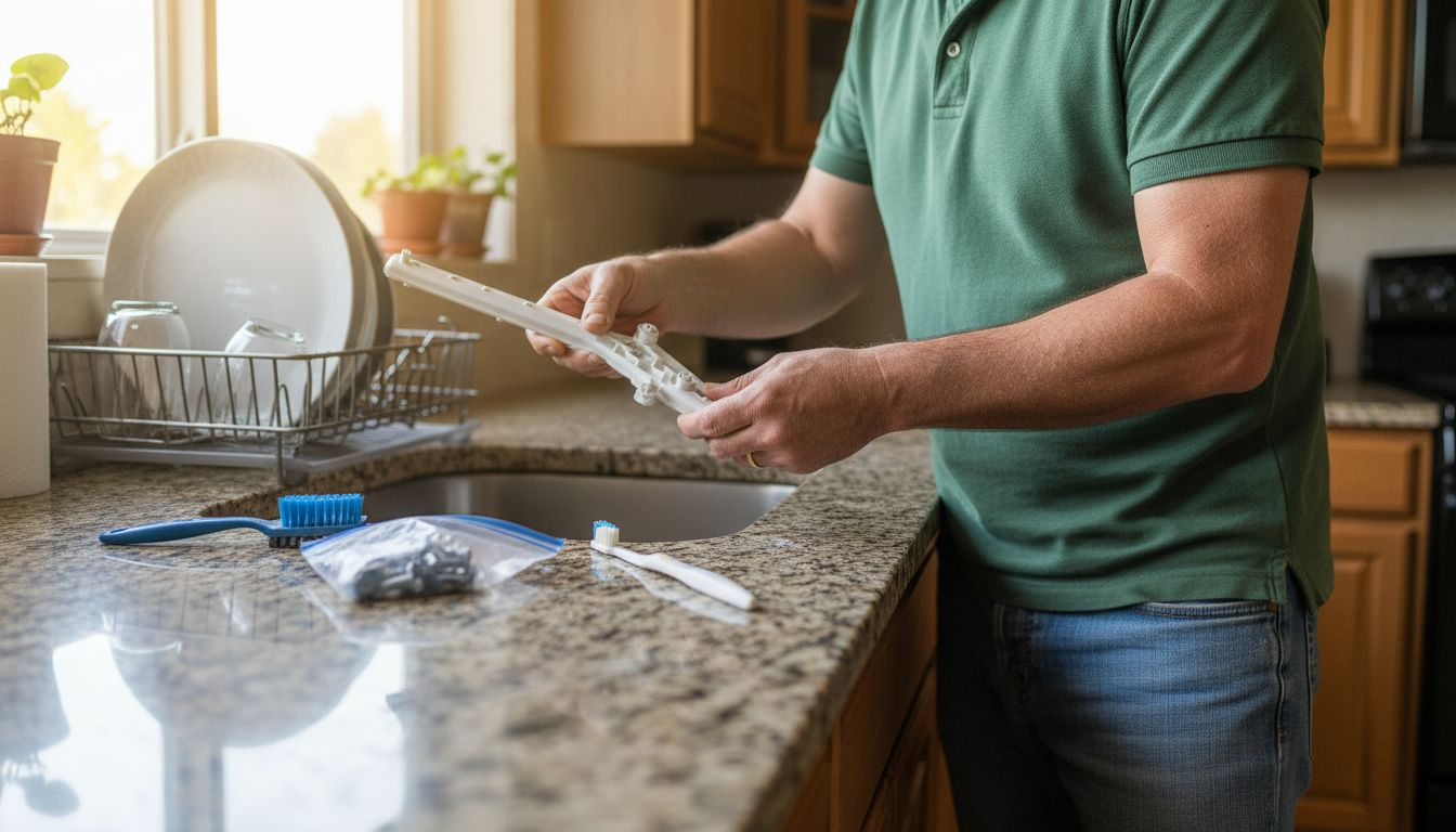 Man inspecting dishwasher spray arm for cleaning