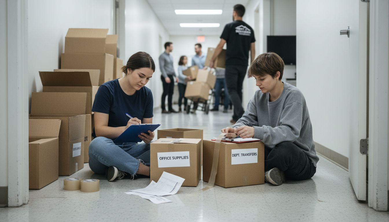 Staff labeling and packing moving boxes