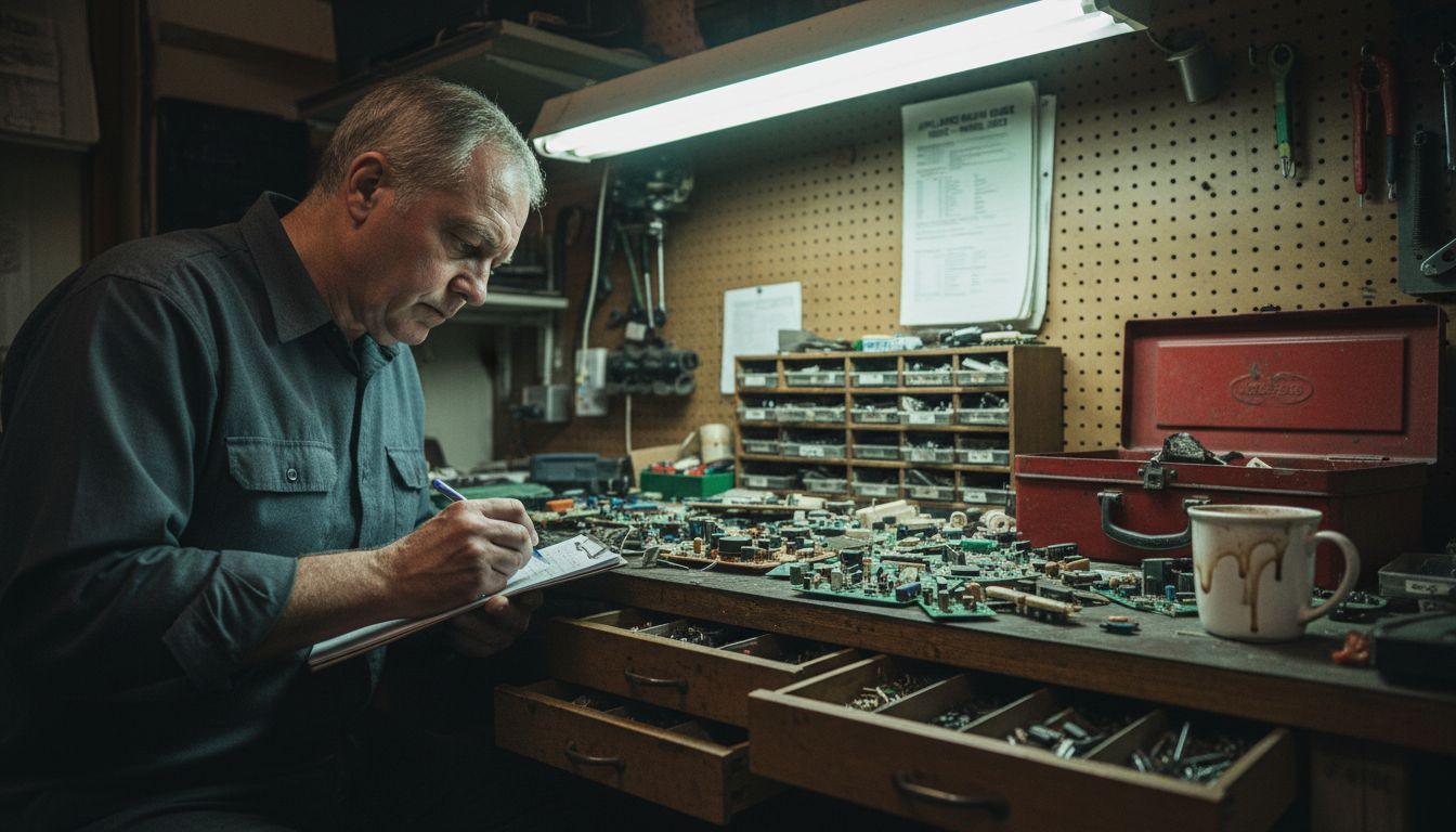 Experienced technician sorting appliance parts at workbench