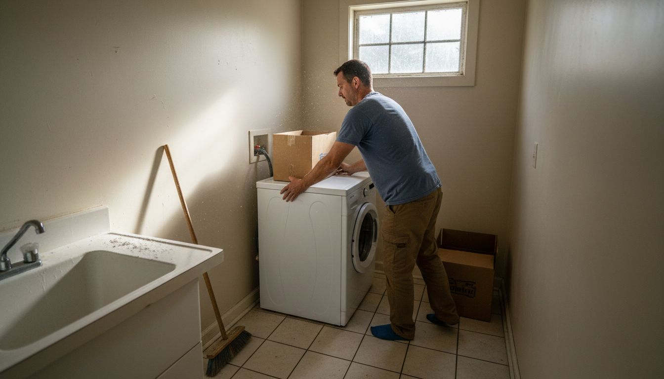 Man clearing boxes near washer-dryer