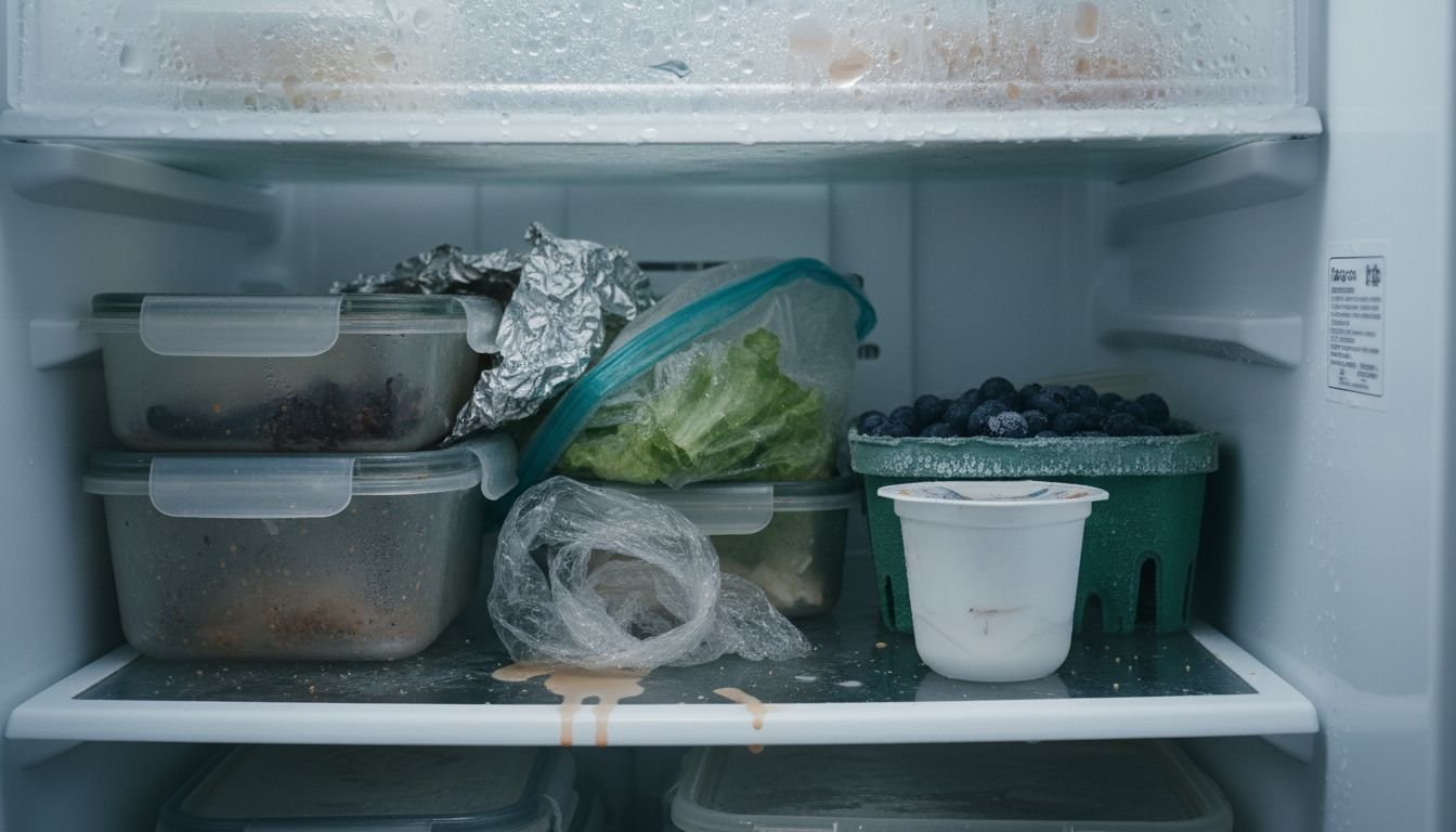 Frost buildup inside fridge near food items