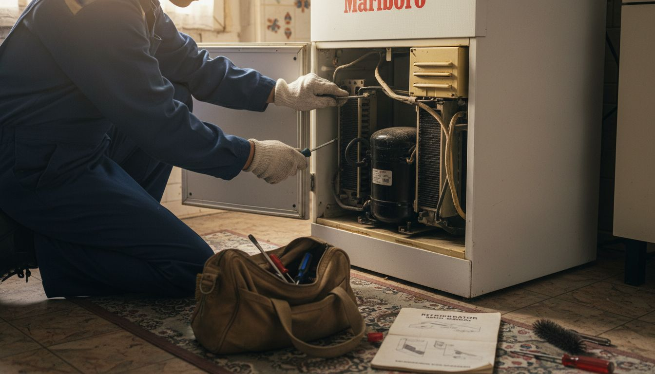 Technician servicing refrigerator compressor unit