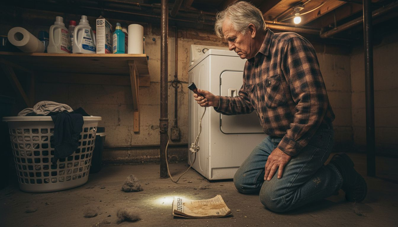 Homeowner inspecting dryer cord for damage