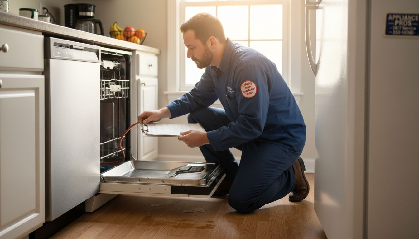 Technician inspecting kitchen dishwasher service checklist