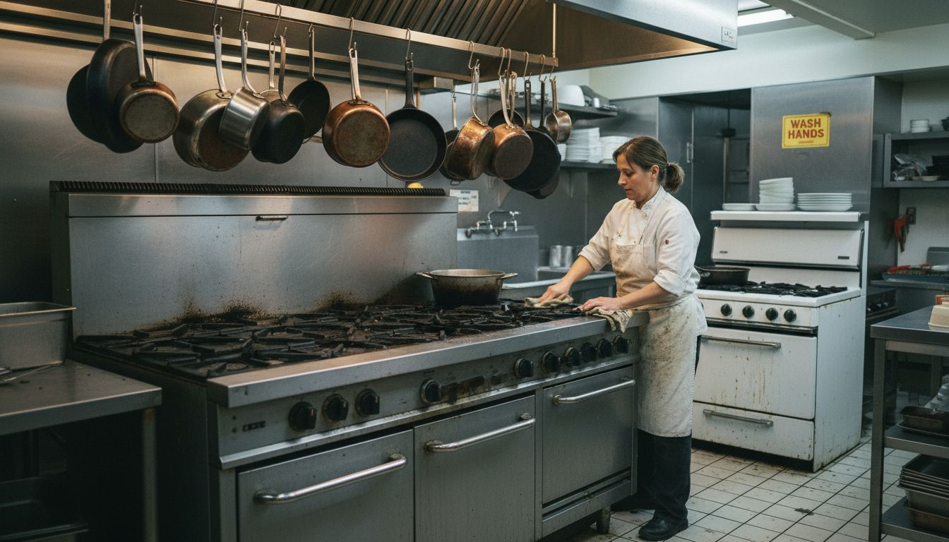 Commercial and household stoves in everyday kitchen