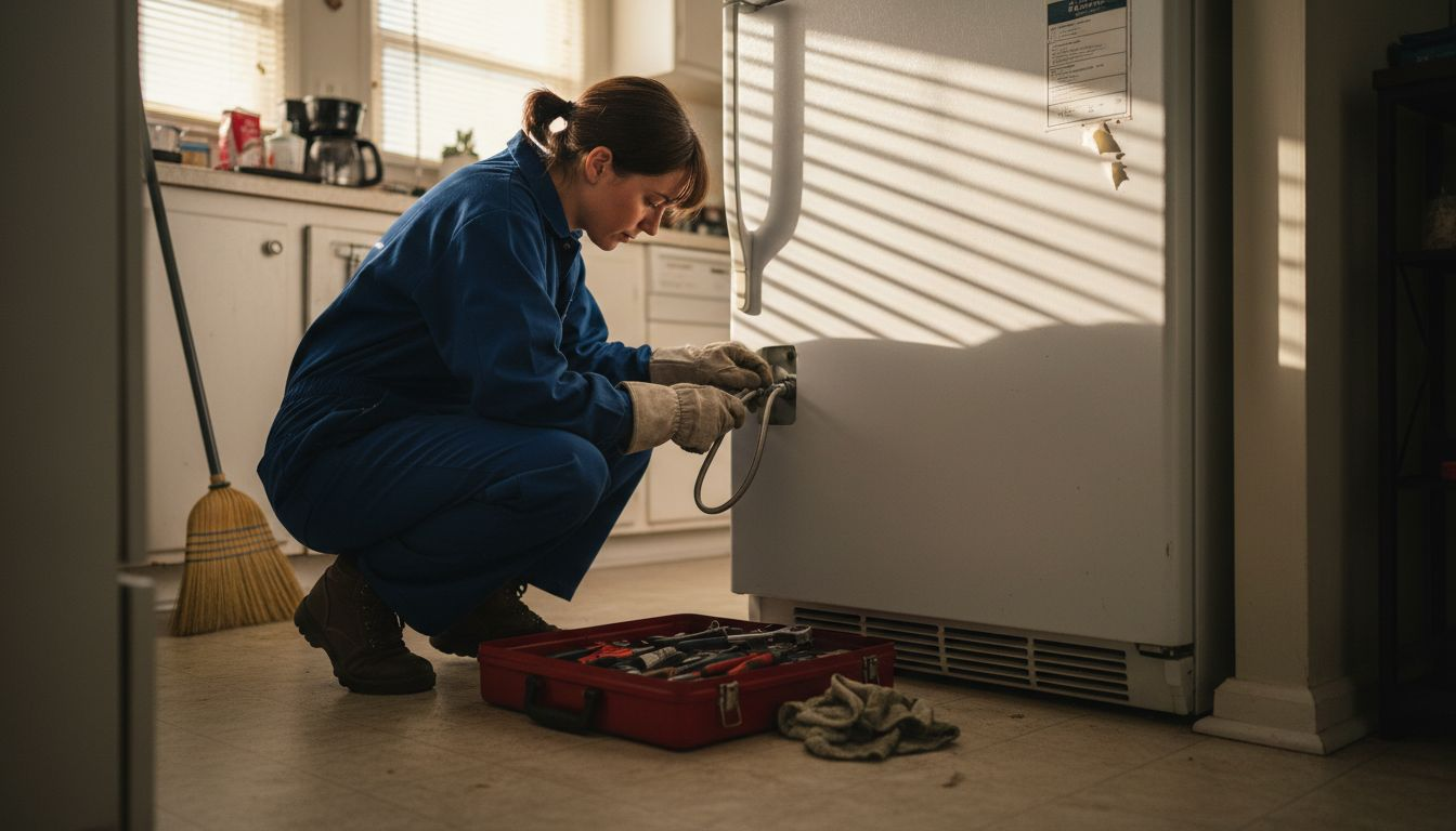 Technician inspecting refrigerator water line connection