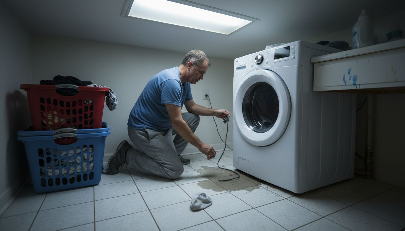 Homeowner checking washing machine cord for damage