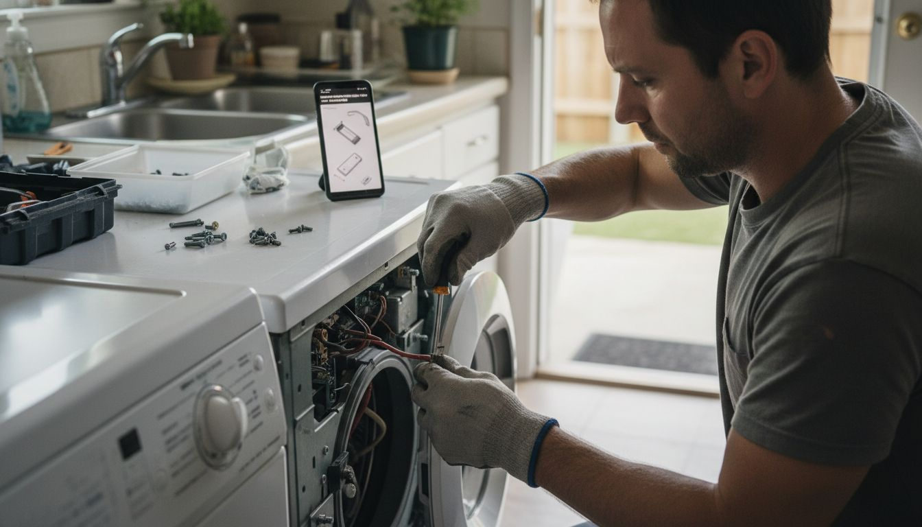 Man carefully removing washer panel in kitchen