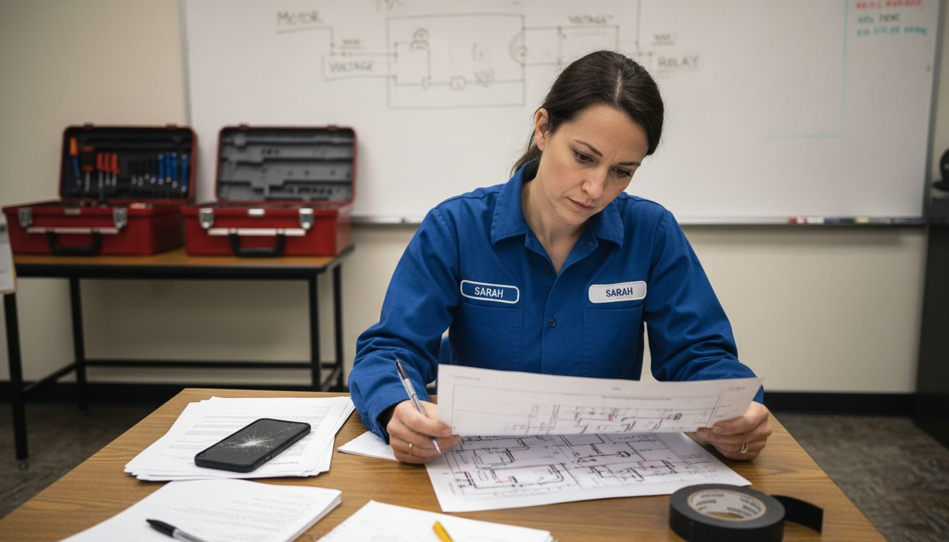 Technician reviewing appliance wiring diagram