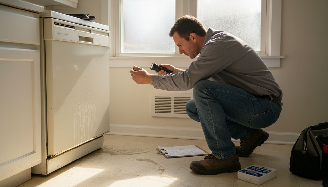 Technician inspecting dishwasher seal in New Jersey
