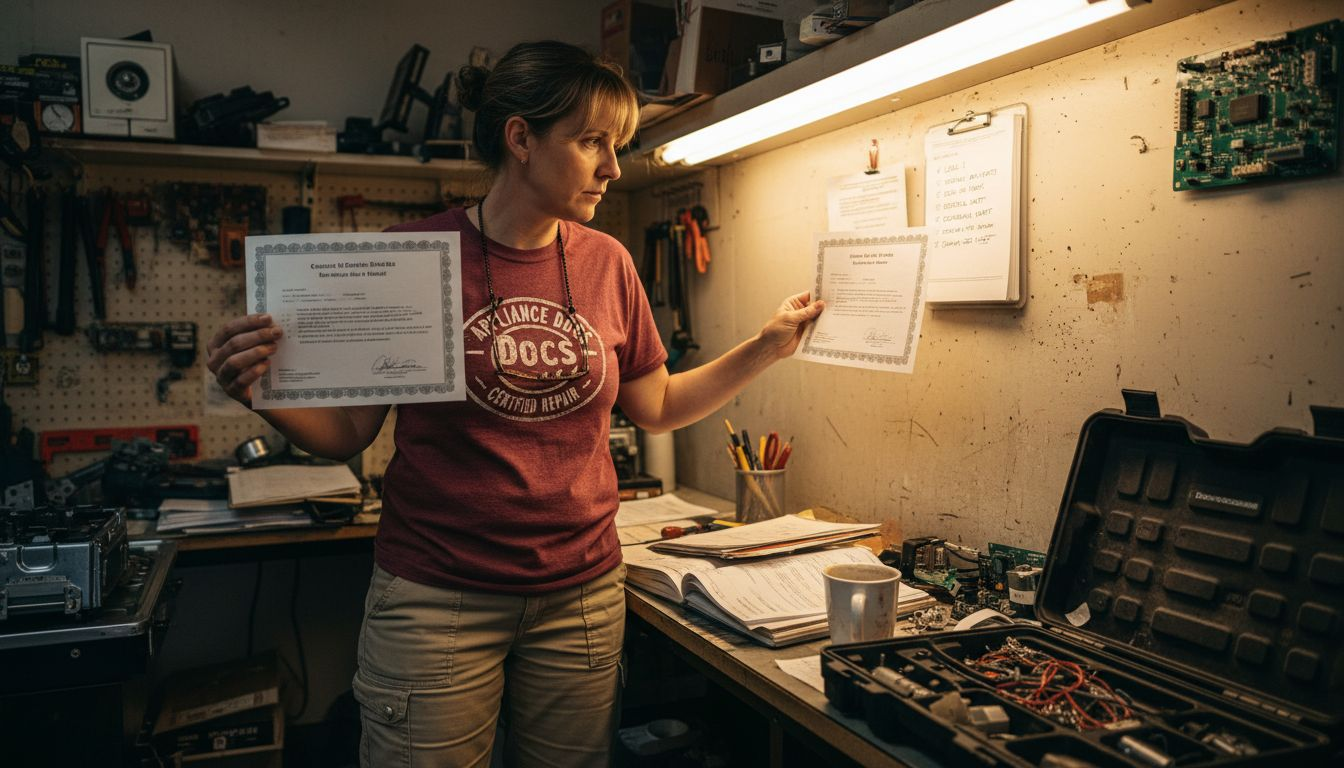 Technician reviewing appliance repair certifications