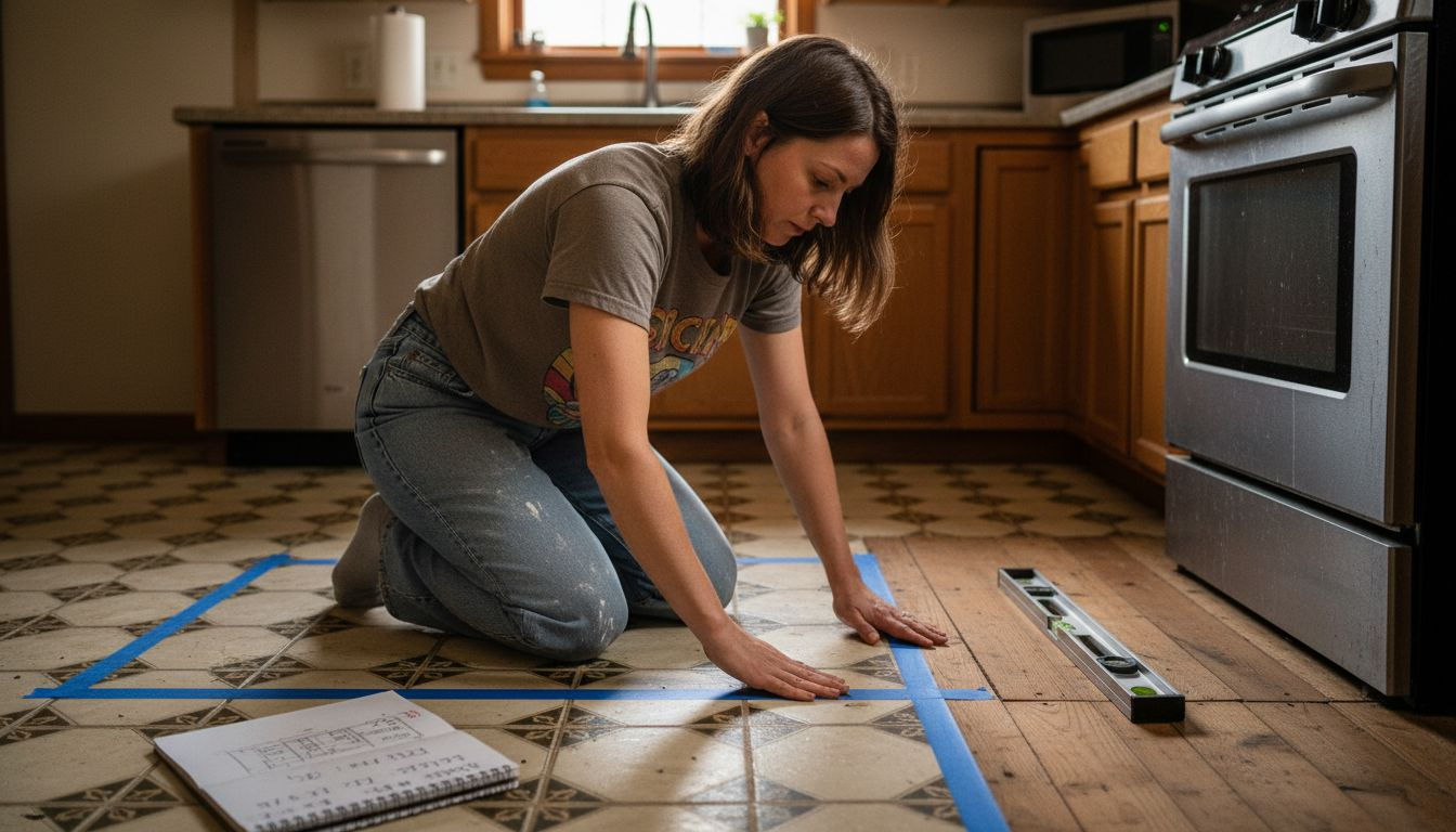 Woman marking appliance footprint with tape