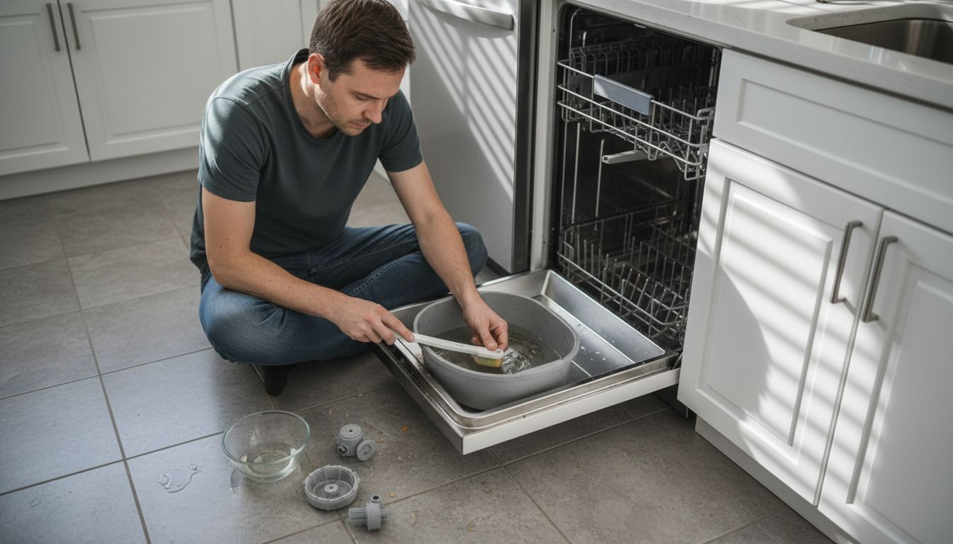 Man scrubbing dishwasher spray arm components