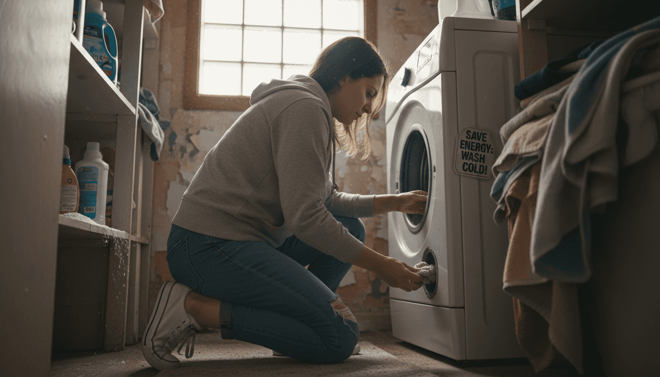 Woman cleaning washing machine lint trap